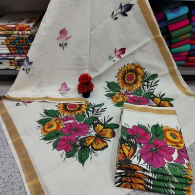 Traditional Kerala hand painted cotton sarees